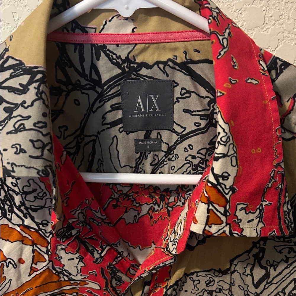 A|X Armani Exchange Abstract Floral Button-Up Shirt in Red, Olive & Cream